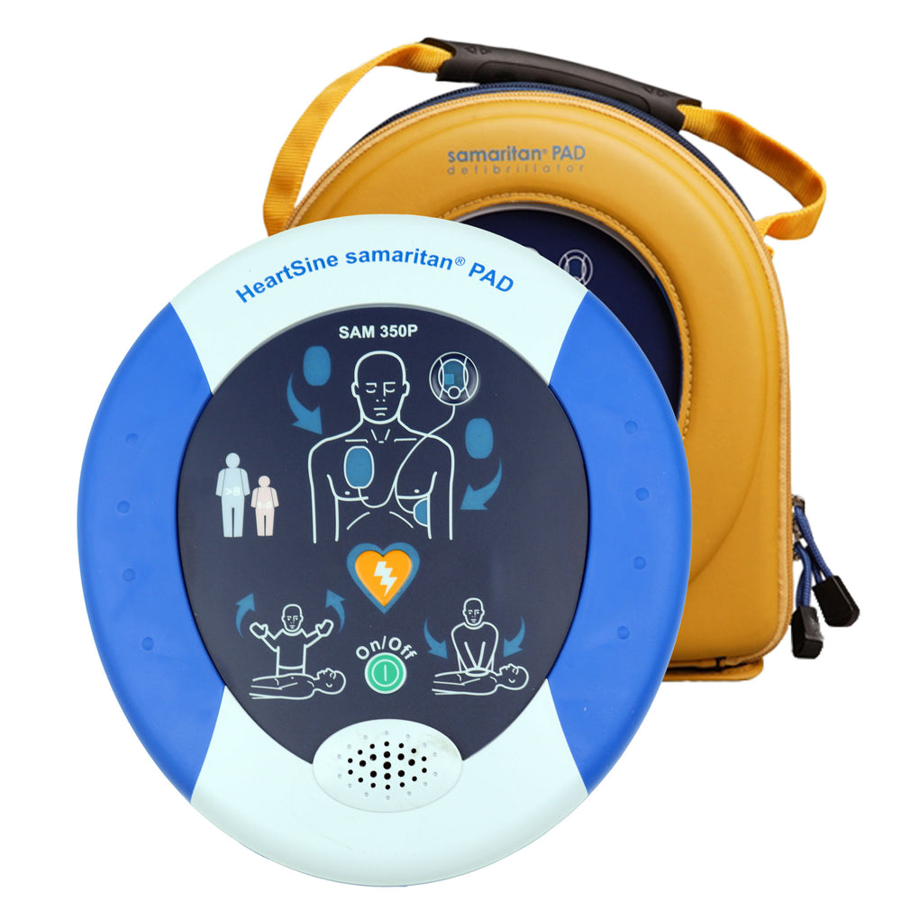 HeartSine Samaritan PAD 350P AED in its yellow carrying case